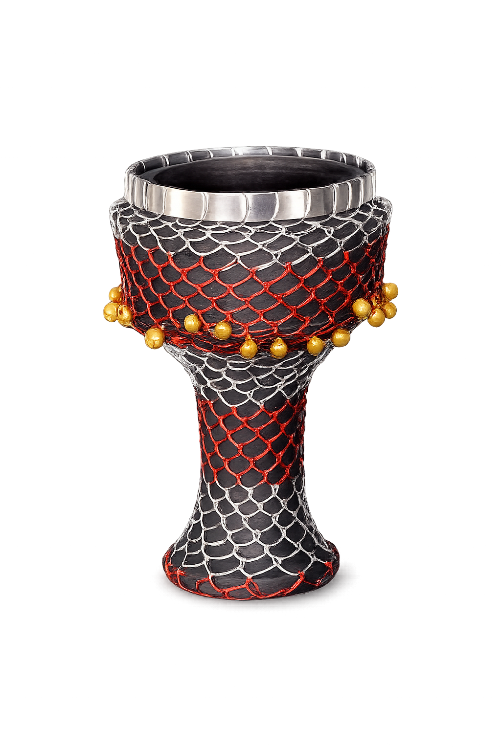 Ornate black clay chillum with gold beads